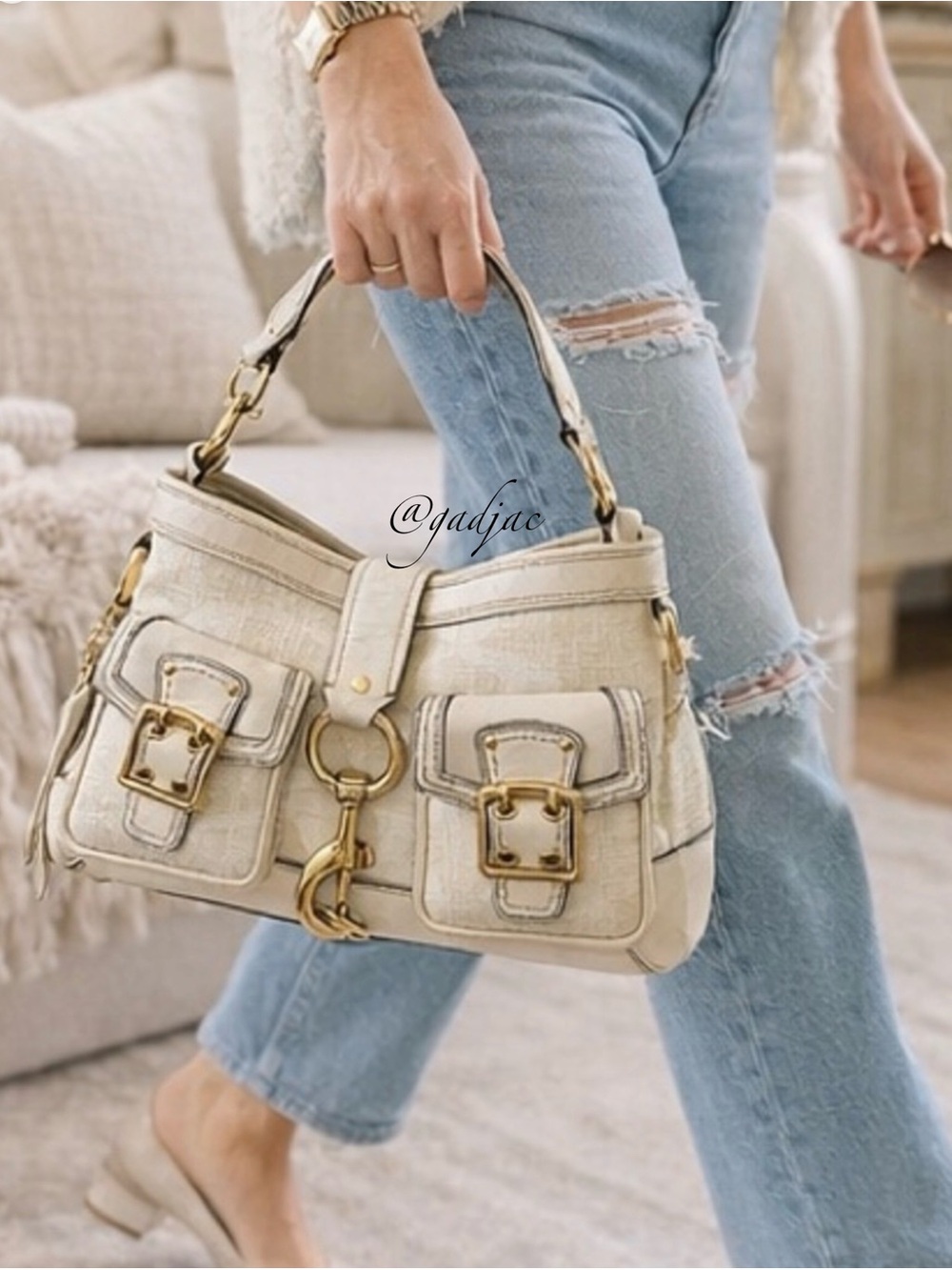 COACH Signature Ivory & Beige Shoulder Bag
